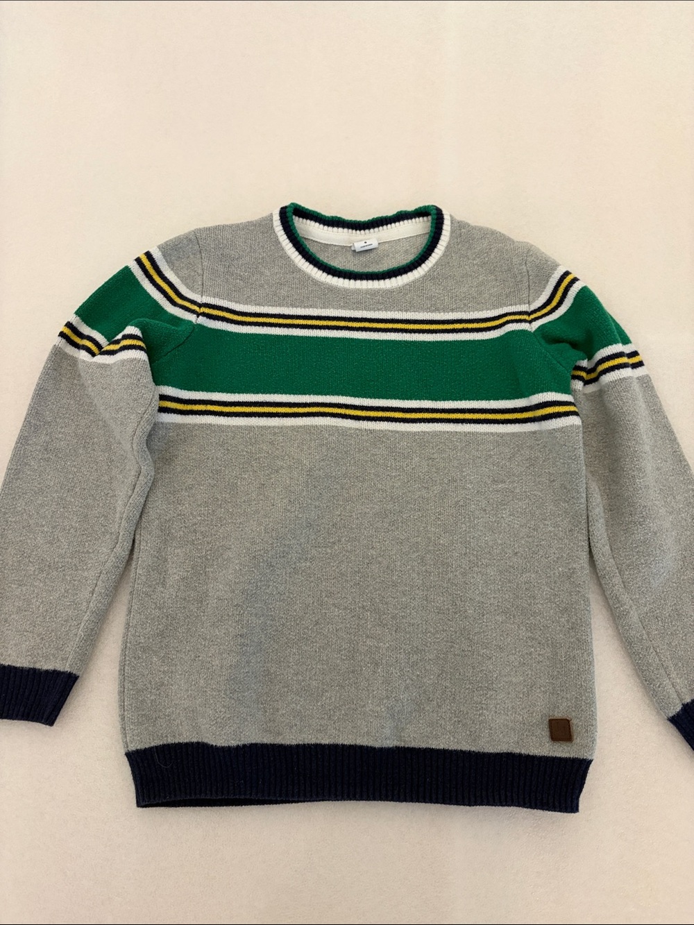 Janie and Jack Grey Sweater with Green and Navy Stripe Accents